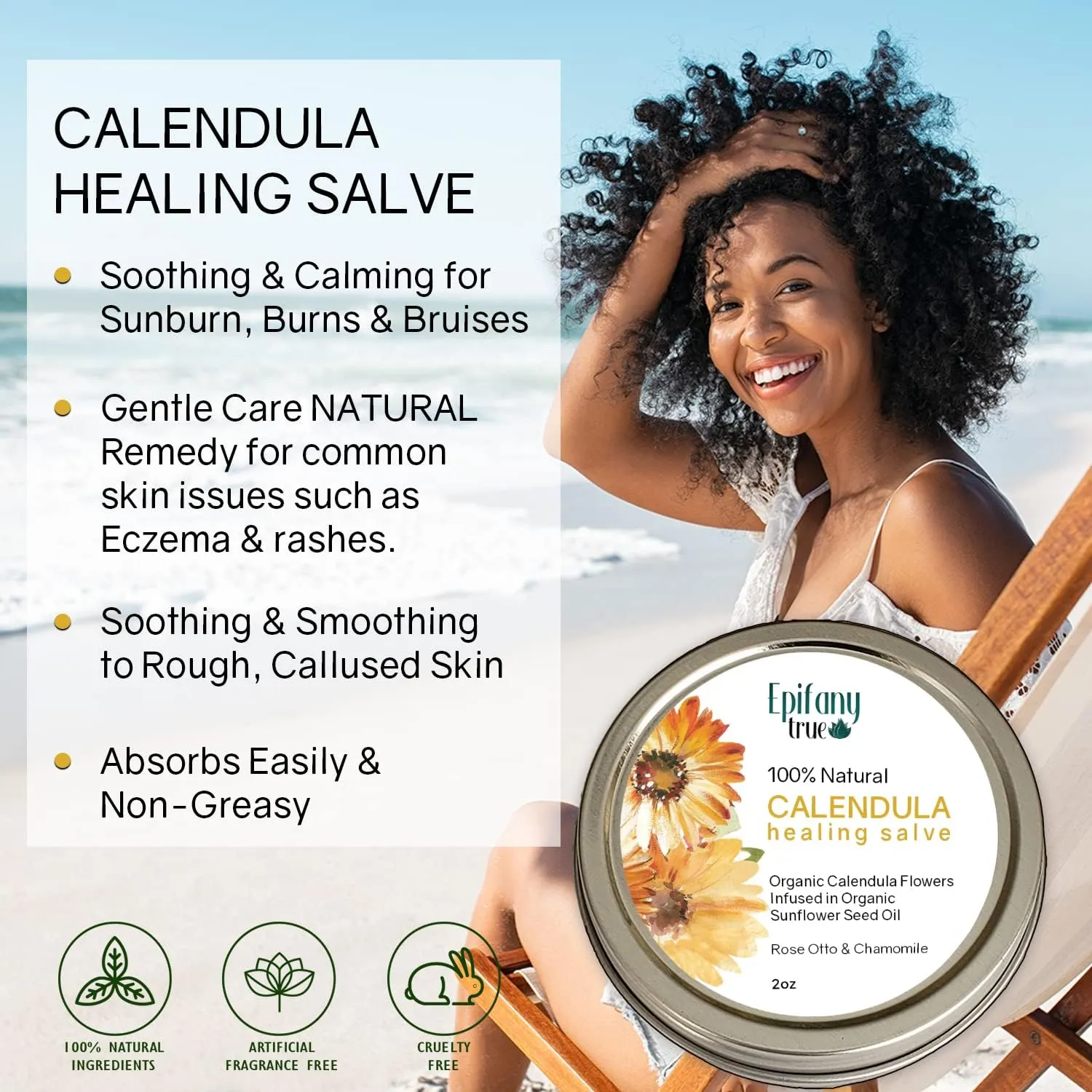 100% Natural Calendula Salve 2oz | Dry Skin Soothing Balm, Eczema Cream, Rashes, Bruises, Bug Bite Itch Relief | Organic Calendula, Organic Beeswax