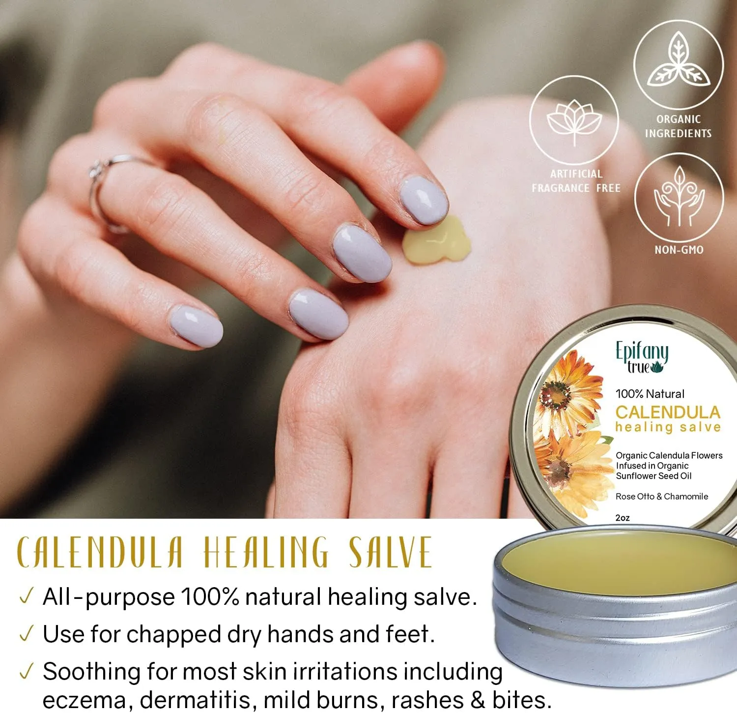 100% Natural Calendula Salve 2oz | Dry Skin Soothing Balm, Eczema Cream, Rashes, Bruises, Bug Bite Itch Relief | Organic Calendula, Organic Beeswax