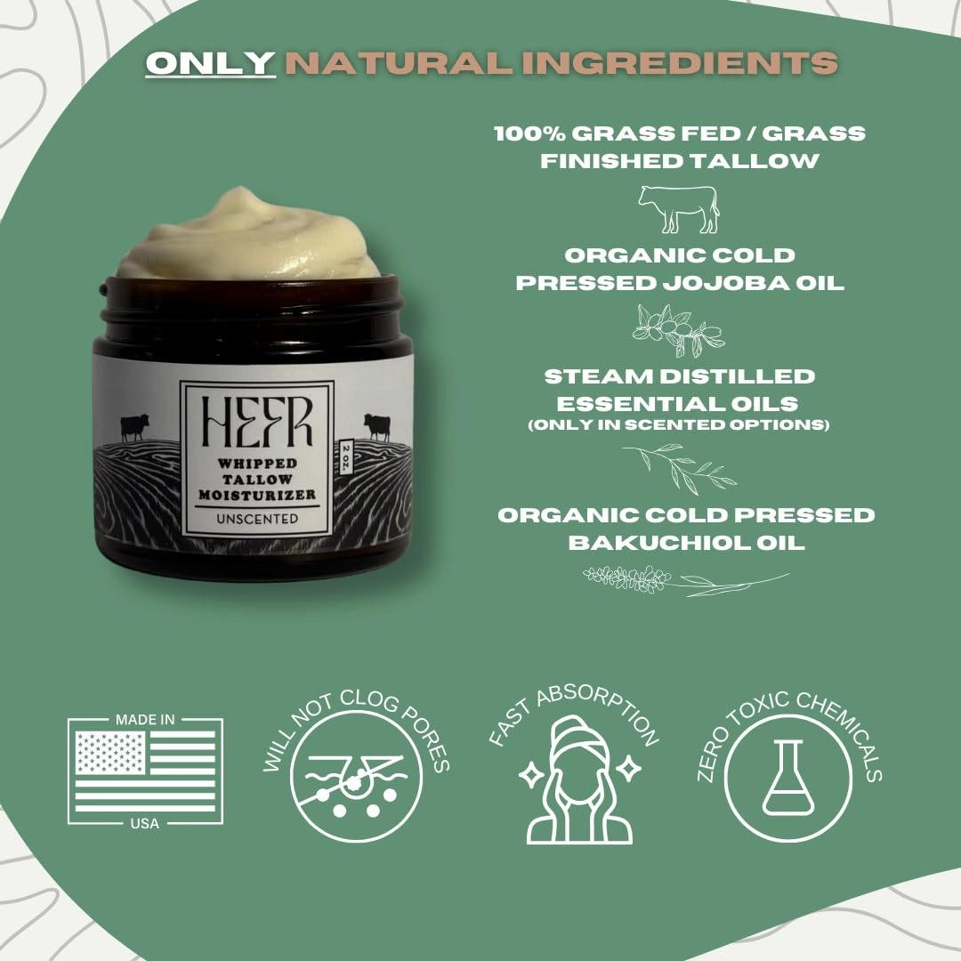 100% Grass Fed Beef Tallow for Skin Care, All-Natural Face and Body Whipped Beef Tallow Moisturizer, Organic Beef Tallow Moisturizer for Skin, Face and Body Lotion - (Unscented) 4 oz