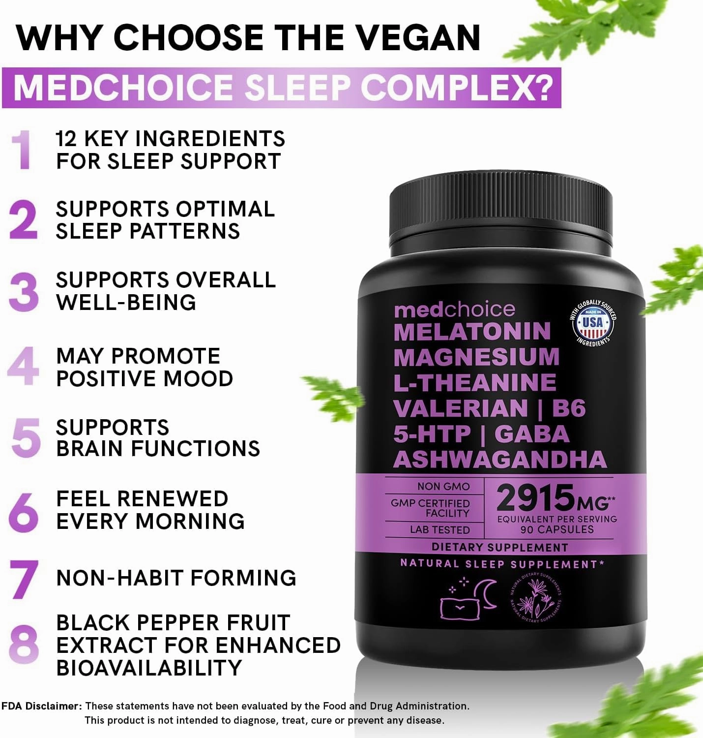 12-in-1 Melatonin Sleep Capsules - Natural Sleep Aids for Adults with Melatonin 5mg and Magnesium Glycinate 500mg, Sleep Aid with Ashwagandha, L Theanine, Valerian Root, GABA, 5-HTP (90ct, Pack of 1)
