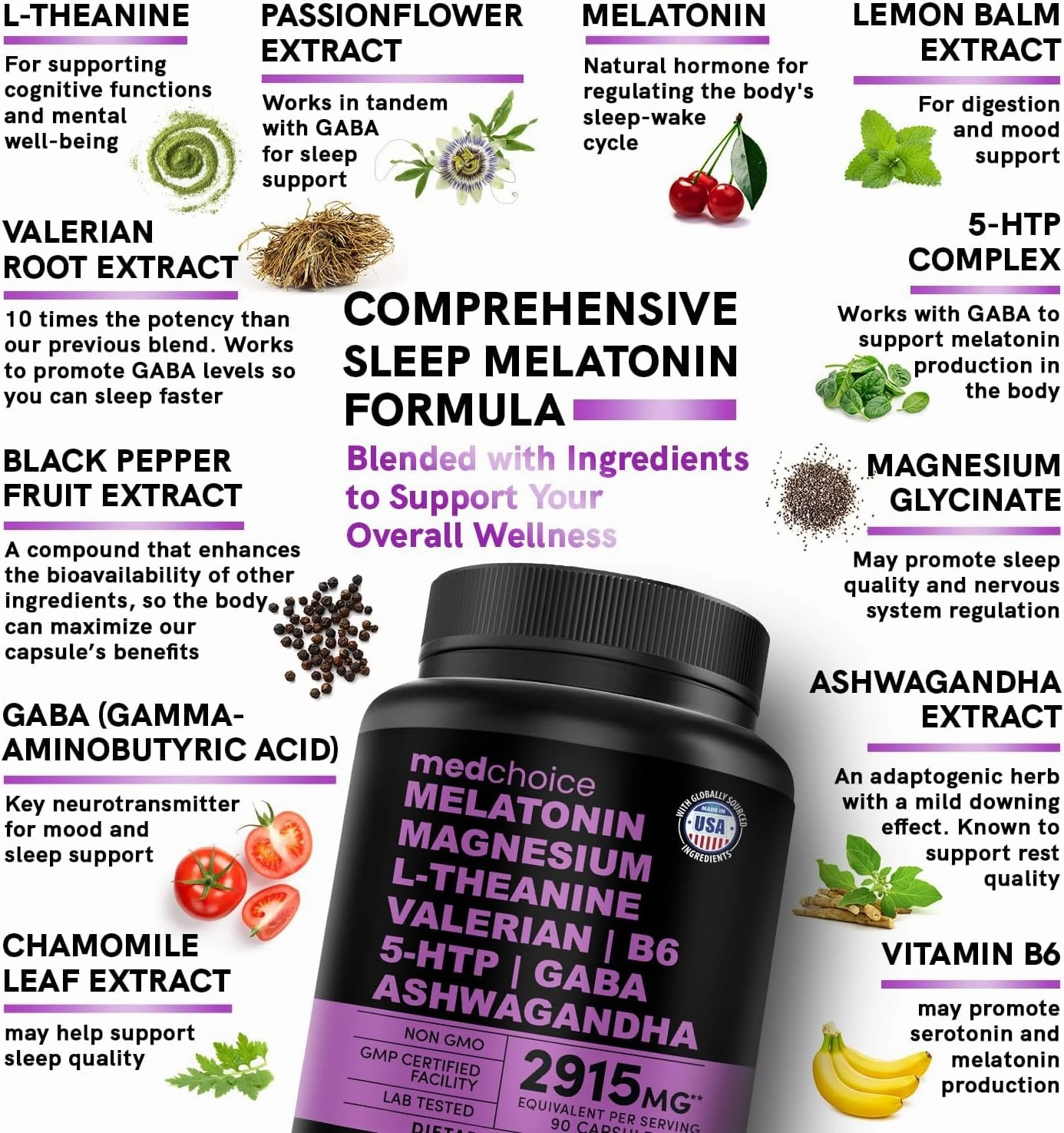12-in-1 Melatonin Sleep Capsules - Natural Sleep Aids for Adults with Melatonin 5mg and Magnesium Glycinate 500mg, Sleep Aid with Ashwagandha, L Theanine, Valerian Root, GABA, 5-HTP (90ct, Pack of 1)