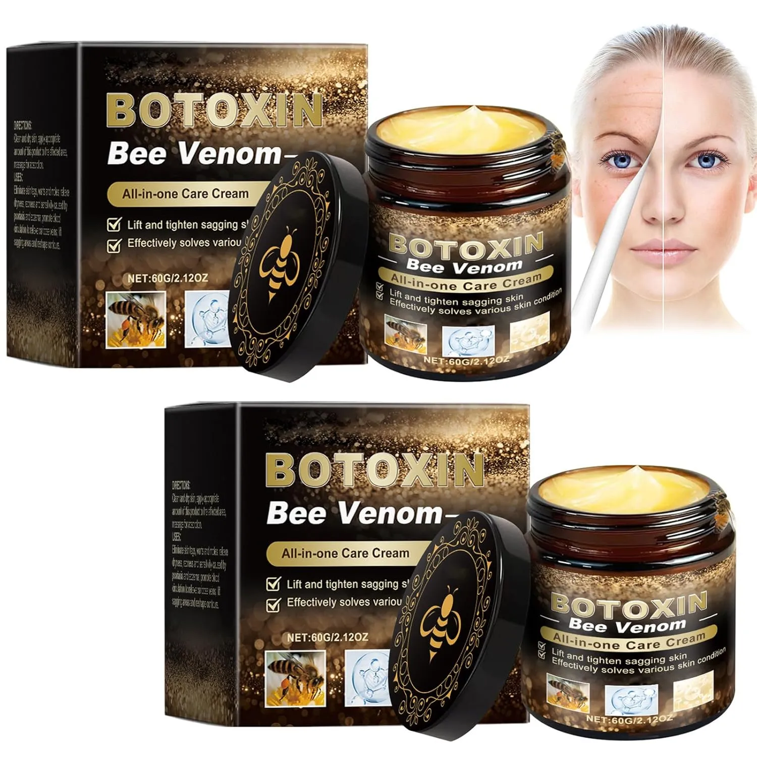 2 Pcs BotoxBee Venom All-in-One Cream, Bee Venom Wrinkle Removal Cream, Anti-Aging Lifting & Firming Moisturizing for All Skin Types