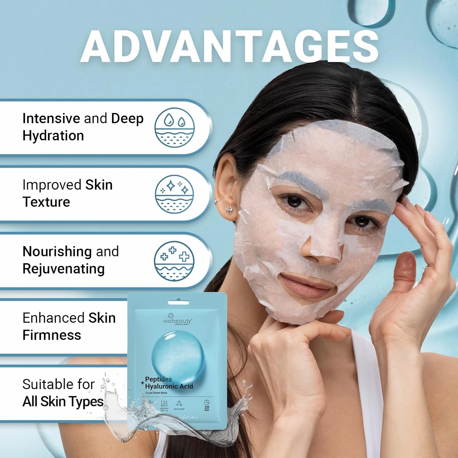 24 Pack of Hyaluronic Acid Face Mask with Peptides Complex - Deep Hydrating & Brightening Facial Sheet Mask - Moisturizing Face Masks Skincare Facial Sheets for All Skin Types