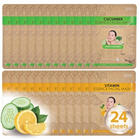 24 PK Vegan Face Masks for Skincare - Coconut, Aloe, Vitamin, Cucumber Facial Sheet Mask Korean Skin Care (24PK Cucumber & Vitamin)
