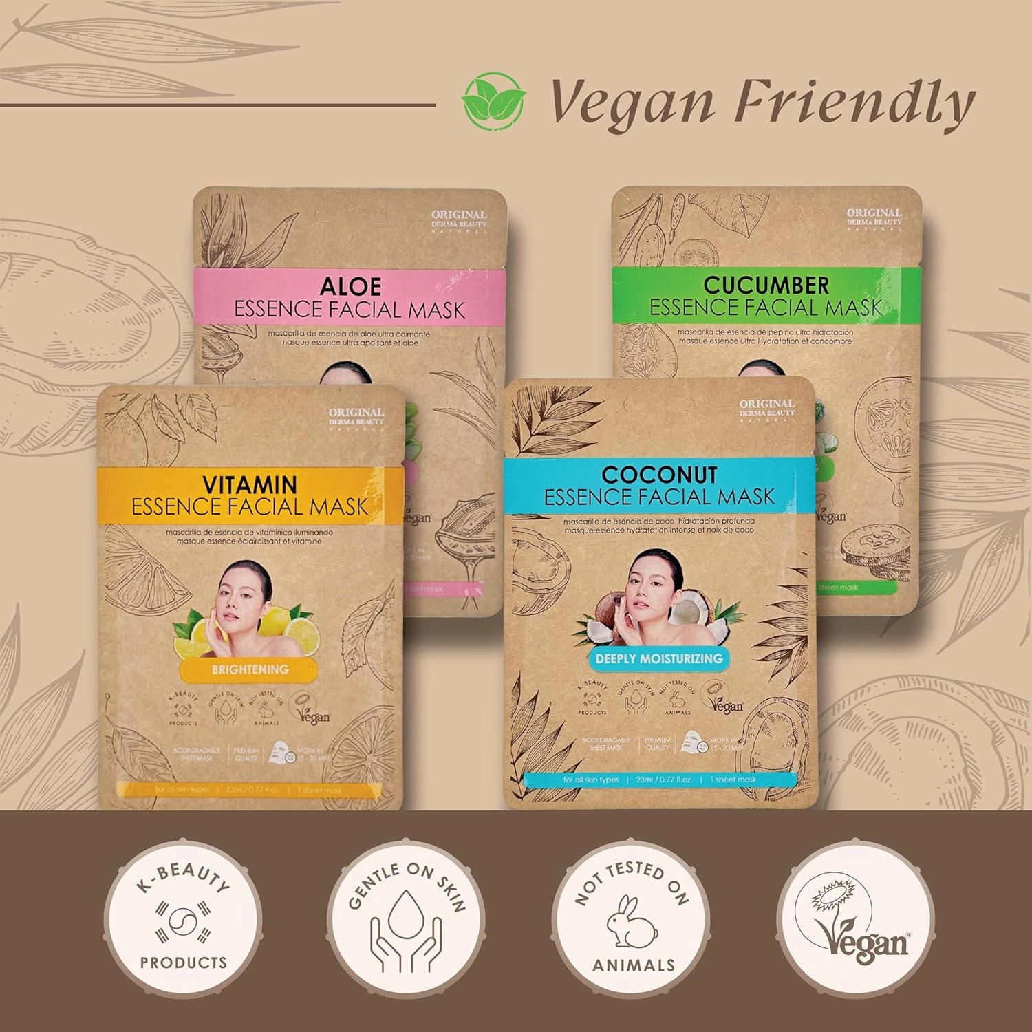 24 PK Vegan Face Masks for Skincare - Coconut, Aloe, Vitamin, Cucumber Facial Sheet Mask Korean Skin Care (24PK Cucumber & Vitamin)