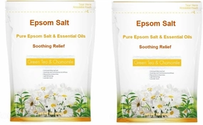 2/Pack Pure Epsom Salt Bath Soak Soothing Relief Green Tea & Chamomile with Essential Oils 36.4 oz Calming Relaxing Rejuvenates