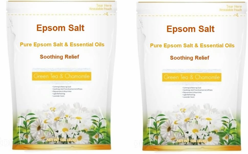 2/Pack Pure Epsom Salt Bath Soak Soothing Relief Green Tea & Chamomile with Essential Oils 36.4 oz Calming Relaxing Rejuvenates