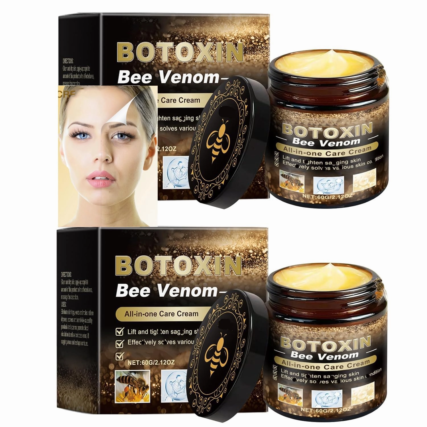 2 Pcs Botoxin Bee Venom Cream, Bee Venom Skin Treatment Cream, Wrinkle Removal, All-In-One Moisturizing for All skin Types