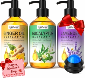 3-Pack Massage Oil Set – Ginger for Lymphatic Drainage, Lavender for Relaxation, Eucalyptus for Sore Muscles | Massage Therapy & Date Night Gift with Massage Ball – Spa Gift for Him & Her