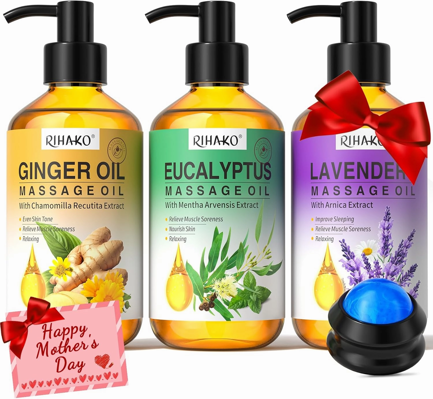 3-Pack Massage Oil Set – Ginger for Lymphatic Drainage, Lavender for Relaxation, Eucalyptus for Sore Muscles | Massage Therapy & Date Night Gift with Massage Ball – Spa Gift for Him & Her