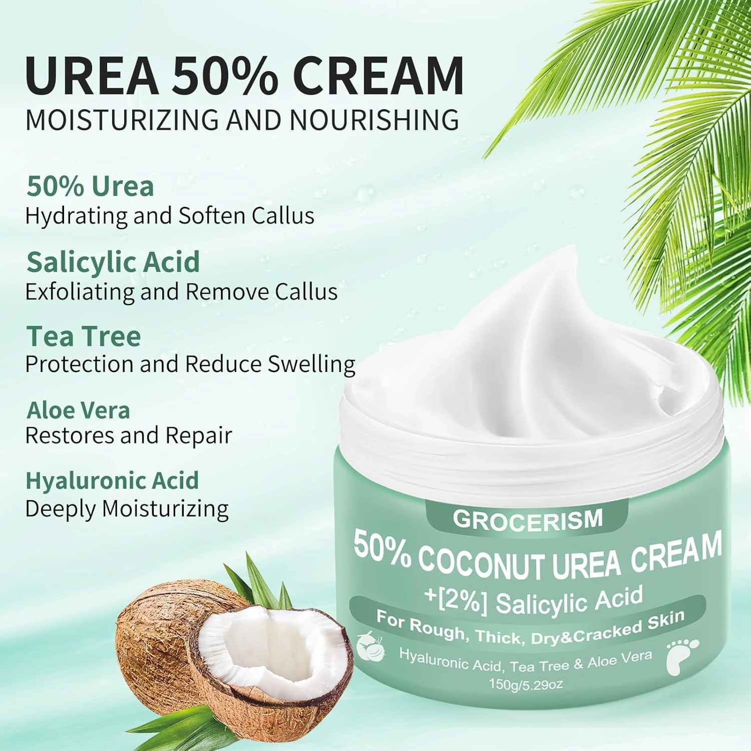 3 Packs Urea Cream 50 Percent for Feet 5.29 oz with Coconut and 2% Salicylic Acid, Foot & Hand Cream included Hyaluronic Acid, Tea Tree and Aloe Vera for Deep Moisturizing, Callus Removing