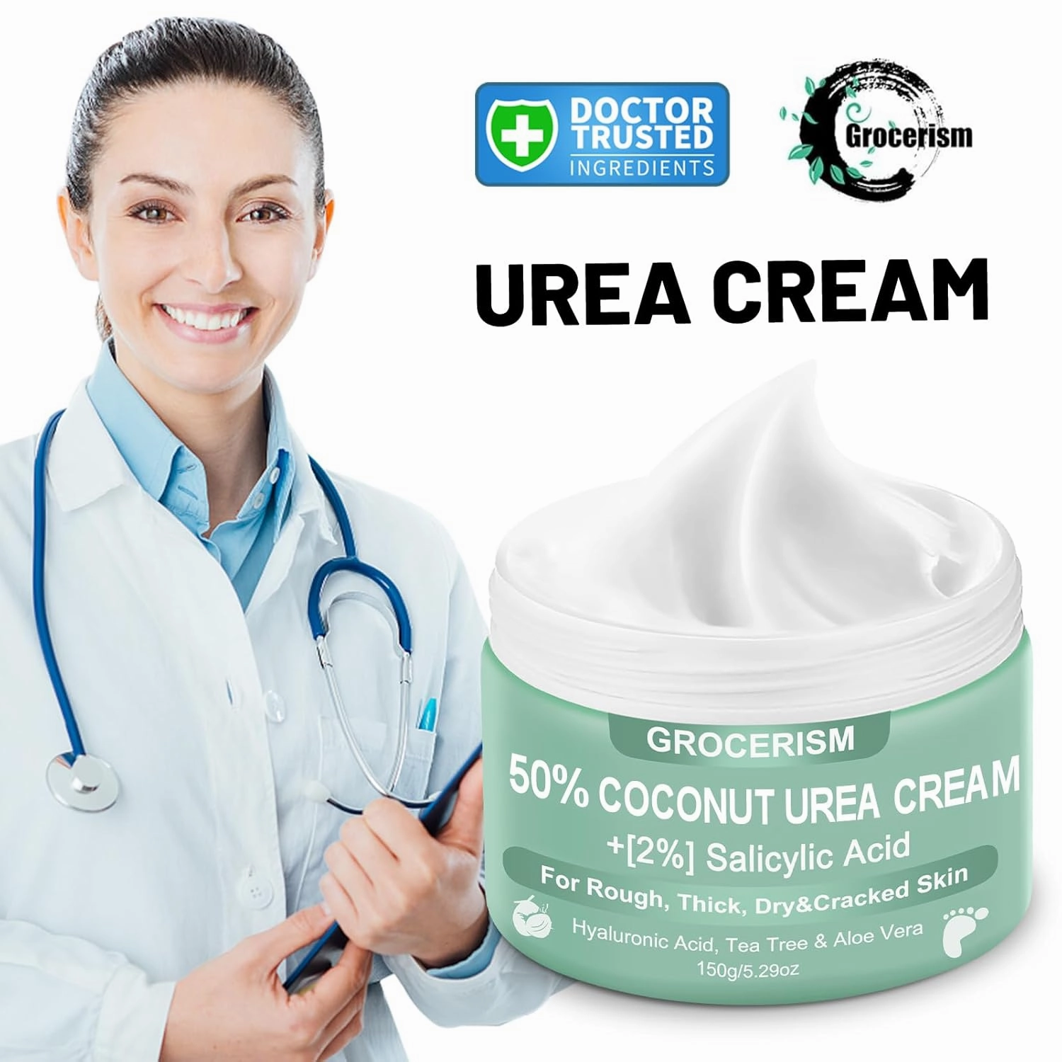 3 Packs Urea Cream 50 Percent for Feet 5.29 oz with Coconut and 2% Salicylic Acid, Foot & Hand Cream included Hyaluronic Acid, Tea Tree and Aloe Vera for Deep Moisturizing, Callus Removing
