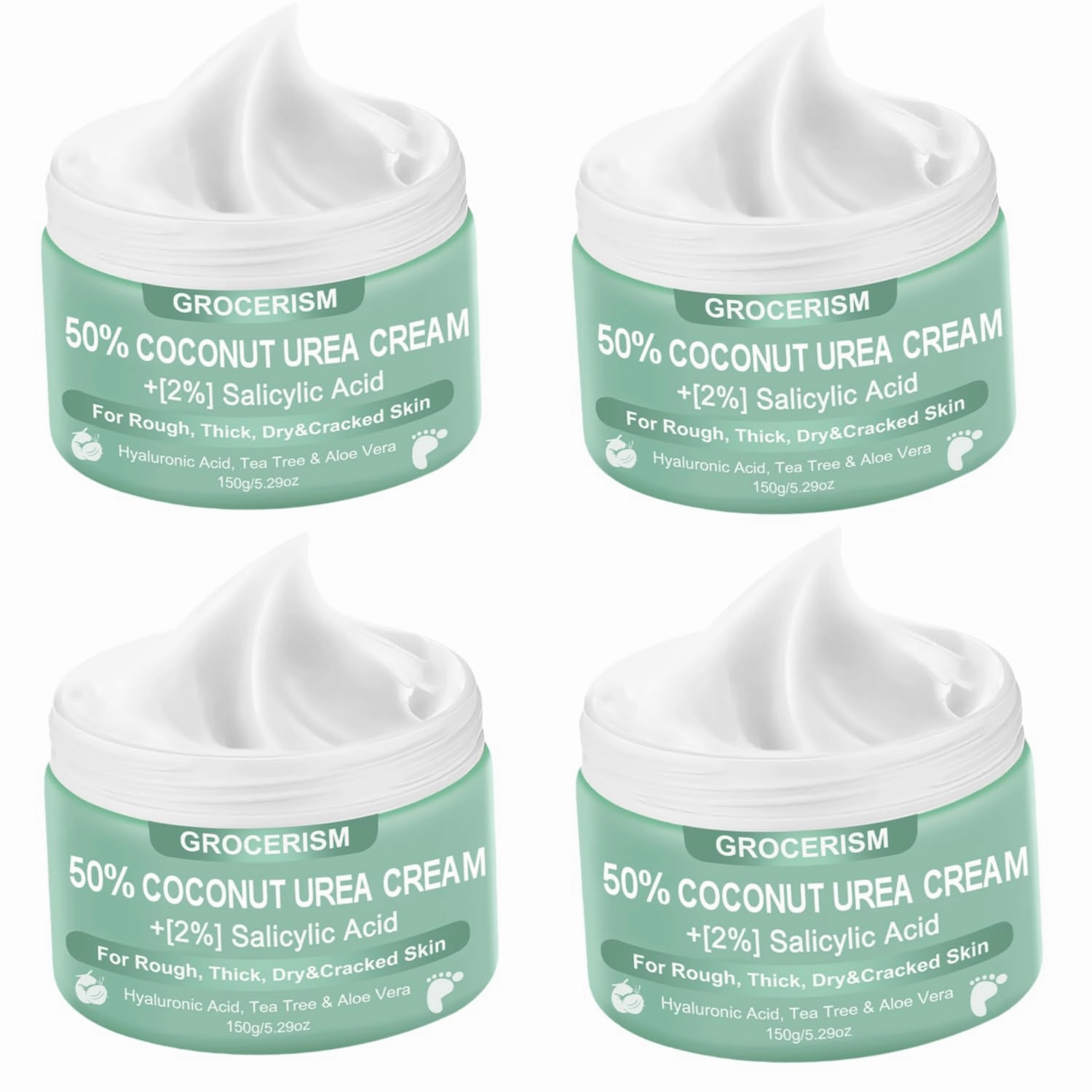 4 Packs Urea Cream 50 Percent for Feet 5.29 oz with Coconut and 2% Salicylic Acid, Foot & Hand Cream included Hyaluronic Acid, Tea Tree and Aloe Vera for Deep Moisturizing, Callus Removing