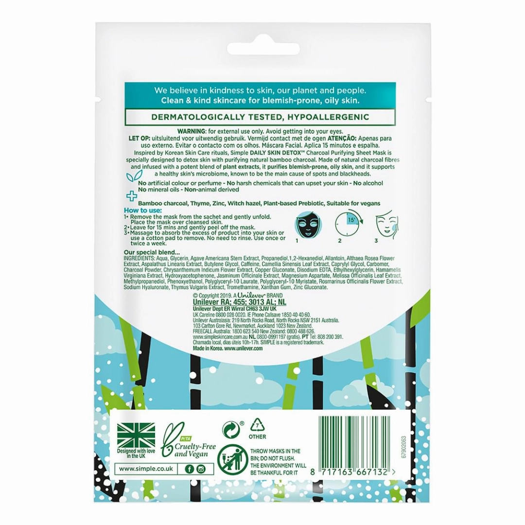 5x Simple Daily Skin Detox Charcoal Purifying Sheet Mask 21mL