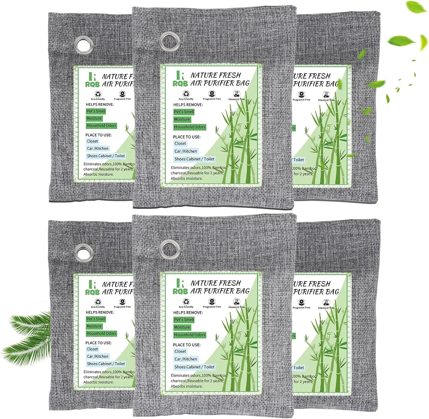 6 Pack Activated Charcoal Odor Absorber. Nature Fresh Bamboo Charcoal Air Purifying Bag Home Closet Air Freshener Deodorizer and Moisture Eliminator, Purifier for Closet, Shoe, Car Air freshener