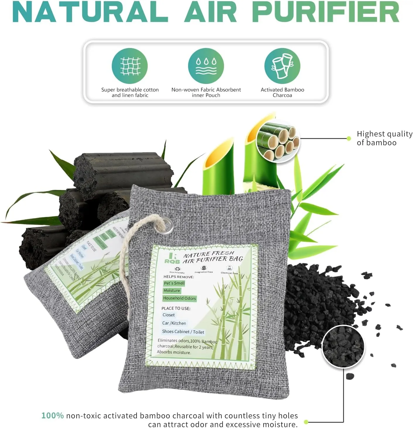 6 Pack Activated Charcoal Odor Absorber. Nature Fresh Bamboo Charcoal Air Purifying Bag Home Closet Air Freshener Deodorizer and Moisture Eliminator, Purifier for Closet, Shoe, Car Air freshener