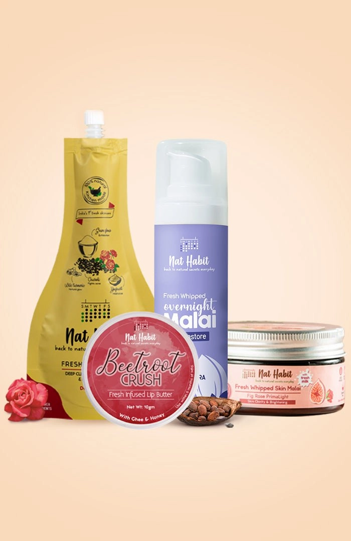 <strong>Beetroot Crush Lip Butter, Fig Rose Skin Malai, Overnight Face Malai & Delicate Rose Ubtan Combo</strong> <br><i>Combo Pack of 4</i>