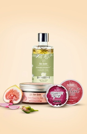 <strong>Beetroot Rose Lip Mura, Beetroot Crush Lip Butter, Fig Rose Skin Malai & Olive Almond Hair Oil Combo</strong> <br><i>Combo Pack of 4</i>