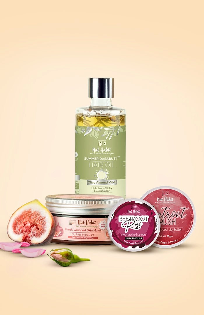 <strong>Beetroot Rose Lip Mura, Beetroot Crush Lip Butter, Fig Rose Skin Malai & Olive Almond Hair Oil Combo</strong> <br><i>Combo Pack of 4</i>