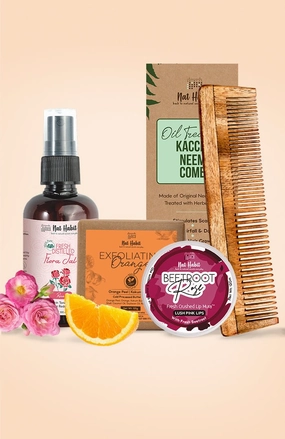 <strong>Beetroot Rose Lip Mura, Exfoliating Orange Soap, Pure Gulab Jal & Dual Tooth Comb Combo</strong> <br><i>Combo Pack of 4</i>