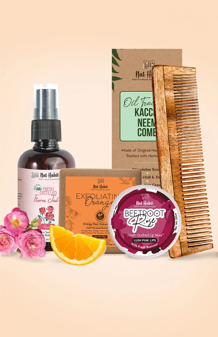 <strong>Beetroot Rose Lip Mura, Exfoliating Orange Soap, Pure Gulab Jal & Dual Tooth Comb Combo</strong> <br><i>Combo Pack of 4</i>