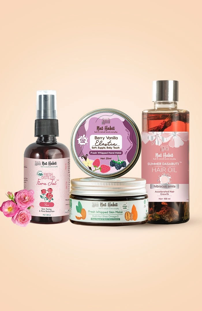 <strong>Berry Vanilla Hand Malai, Hibiscus Amla Hair Oil, Pure Gulab Jal & Multi Nut Skin Malai Combo</strong> <br><i>Combo Pack of 4</i>