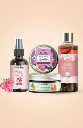 <strong>Berry Vanilla Hand Malai, Hibiscus Amla Hair Oil, Pure Gulab Jal & Multi Nut Skin Malai Combo</strong> <br><i>Combo Pack of 4</i>