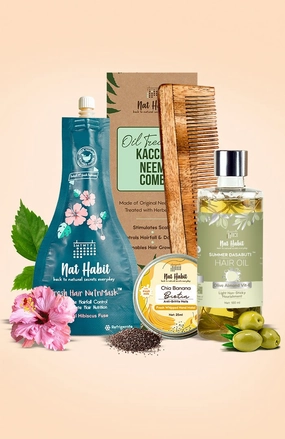 <strong>Chia Banana Hand Malai, Five Oil Hibiscus NutriMask, Dual Tooth Comb & Olive Almond Hair Oil Combo</strong> <br><i>Combo Pack of 4</i>