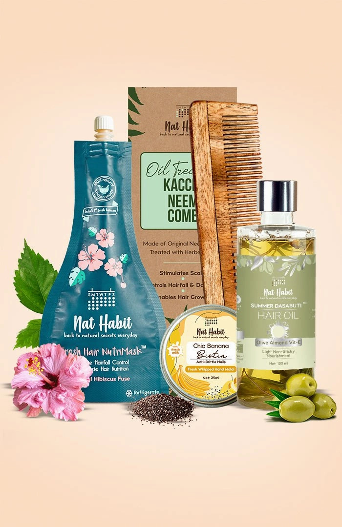 <strong>Chia Banana Hand Malai, Five Oil Hibiscus NutriMask, Dual Tooth Comb & Olive Almond Hair Oil Combo</strong> <br><i>Combo Pack of 4</i>