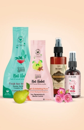 <strong>Crushed Tri Leaf NutriMask, Pure Gulab Jal, Rosemary Methi Jal & Cinnamon Nashpati Mura Combo</strong> <br><i>Combo Pack of 4</i>