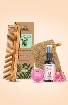<strong>Dual Tooth Comb, Loofah, Pomegranate Rose Lip Buttter & Pure Gulab Jal Combo</strong> <br><i>Combo Pack of 4</i>