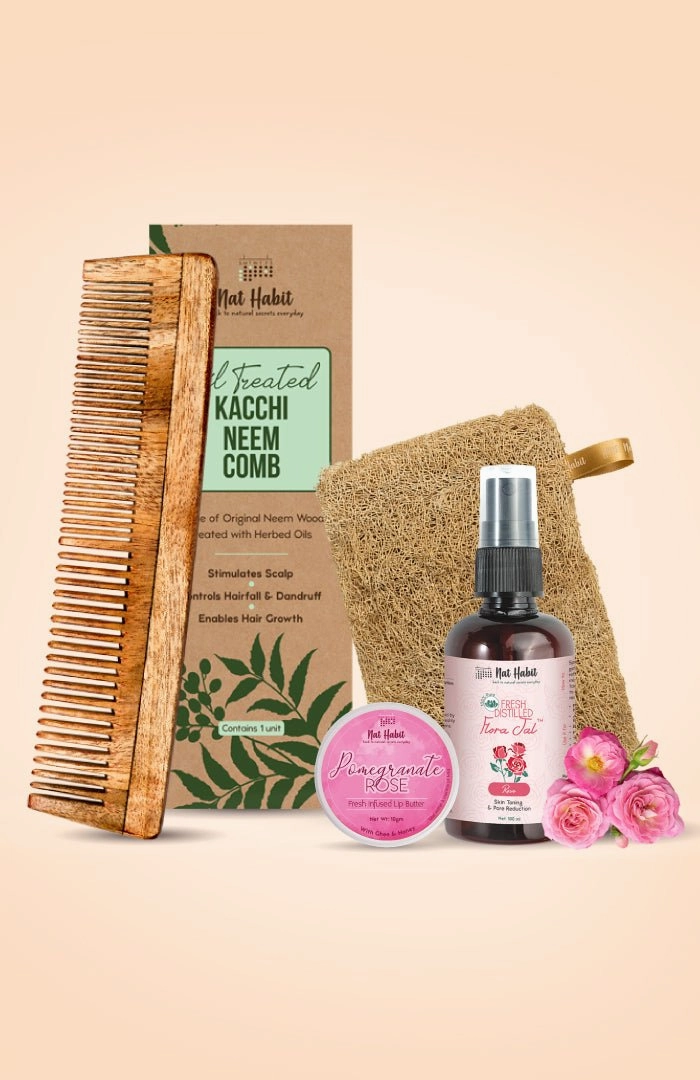<strong>Dual Tooth Comb, Loofah, Pomegranate Rose Lip Buttter & Pure Gulab Jal Combo</strong> <br><i>Combo Pack of 4</i>