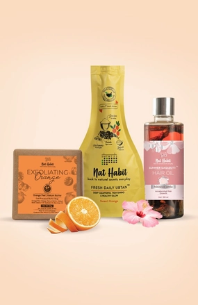 <strong>Exfoliating Orange Soap, Sweet Orange Ubtan & Hibiscus Amla Hair Oil Combo</strong> <br><i>Combo Pack of 3</i>