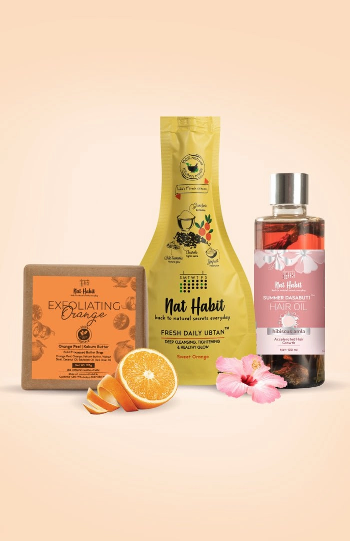 <strong>Exfoliating Orange Soap, Sweet Orange Ubtan & Hibiscus Amla Hair Oil Combo</strong> <br><i>Combo Pack of 3</i>