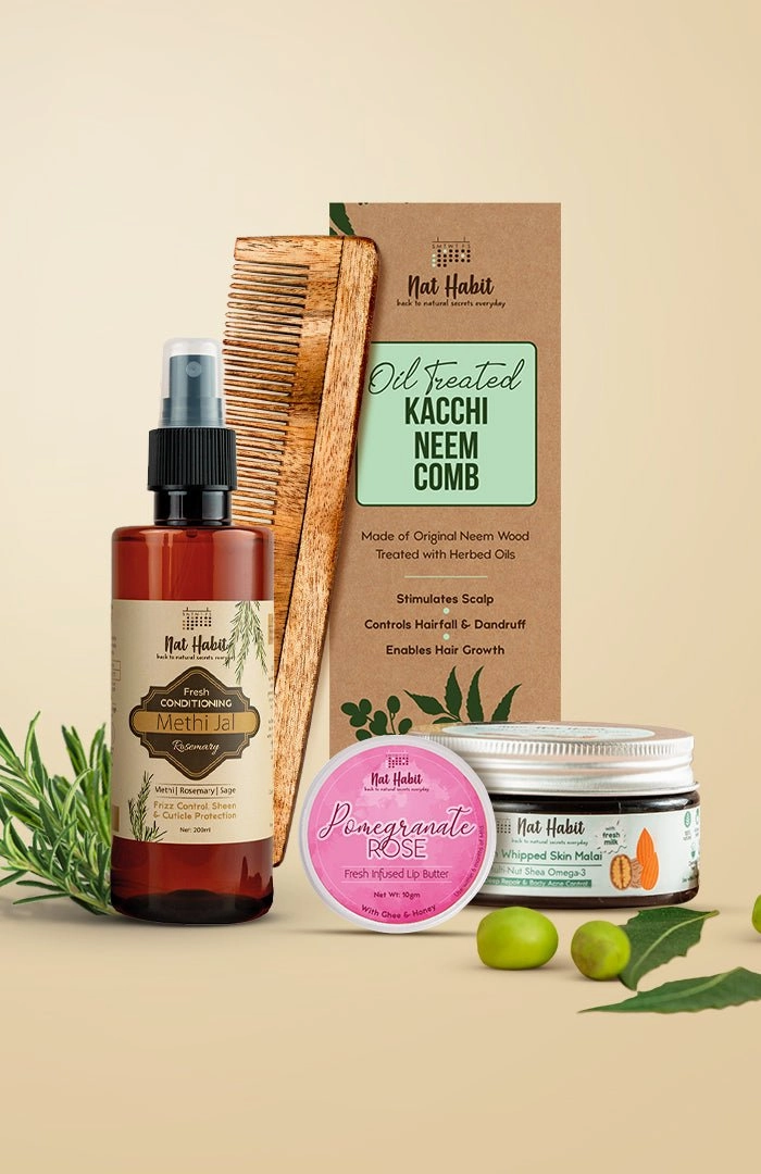 <strong>Multi Nut Skin Malai, Rosemary Methi Jal, Dual Tooth Comb & Pomegranate Rose Lip Butter Combo </strong> <br><i>Combo Pack of 4</i>