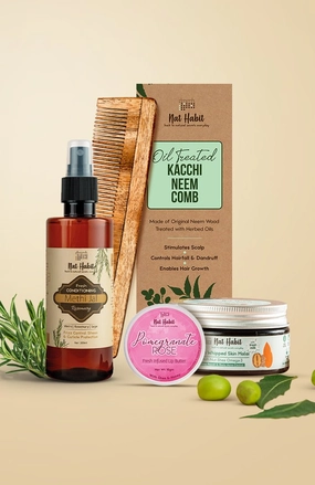 <strong>Multi Nut Skin Malai, Rosemary Methi Jal, Dual Tooth Comb & Pomegranate Rose Lip Butter Combo </strong> <br><i>Combo Pack of 4</i>