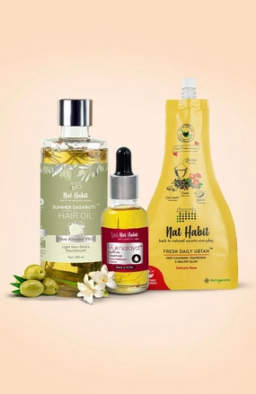 <strong>Olive Almond Hair Oil, Saffron Tuberose Mukhalaya & Delicate Rose Ubtan Combo</strong> <br><i>Combo Pack of 3</i>