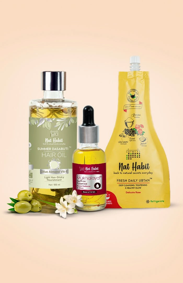<strong>Olive Almond Hair Oil, Saffron Tuberose Mukhalaya & Delicate Rose Ubtan Combo</strong> <br><i>Combo Pack of 3</i>