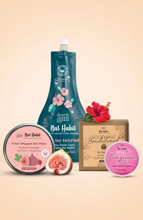 <strong>Pomegranate Rose Lip Butter, Soothing Sandalwood Soap, Five Oil Hibiscus NutriMask & Fig Rose Skin Malai Combo</strong> <br><i>Combo Pack of 4</i>
