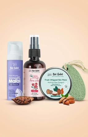 <strong>Pumice Rub, Pure Gulab Jal, Overnight Face Malai & Multi Nut Skin Malai Combo</strong> <br><i>Combo Pack of 4</i>