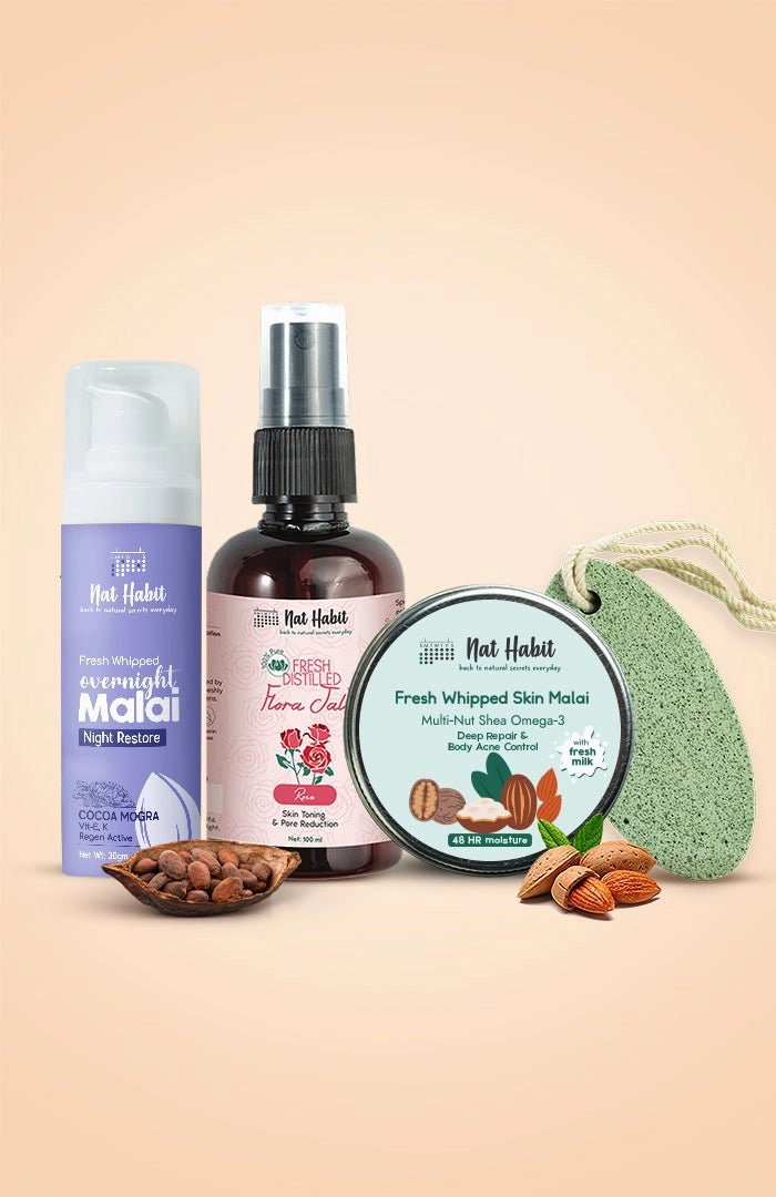 <strong>Pumice Rub, Pure Gulab Jal, Overnight Face Malai & Multi Nut Skin Malai Combo</strong> <br><i>Combo Pack of 4</i>