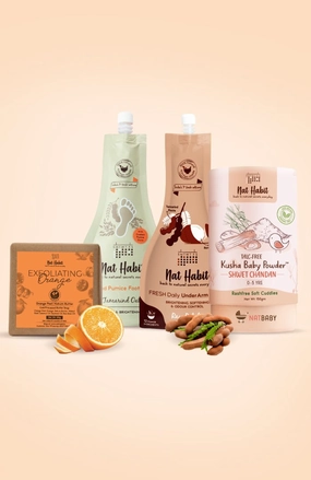 <strong>Tamarind Oats Foot Ubtan, Raw Potato UnderArm Ubtan, Shwet Chandan Kusha Powder & Exfoliating Orange Soap Combo</strong> <br><i>Combo Pack of 4</i>