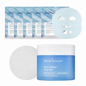 About Me [MediAnswer] K-Beauty Pore Collagen Duo - Clear Pads (80 pads) & Sheet Masks (5 pack) | Advanced Pore Minimizing & Firming Skincare Set with French 500Da Collagen