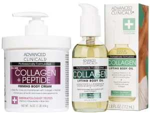 Advanced Clinicals Collagen Peptides Firming Body Lotion Face Cream   Collagen Body Oil Moisturizer 2PC Skin Care Set For Women & Men | Skin Tightening Dry Skin Moisturizing Cream & Massage Oil, 2PC