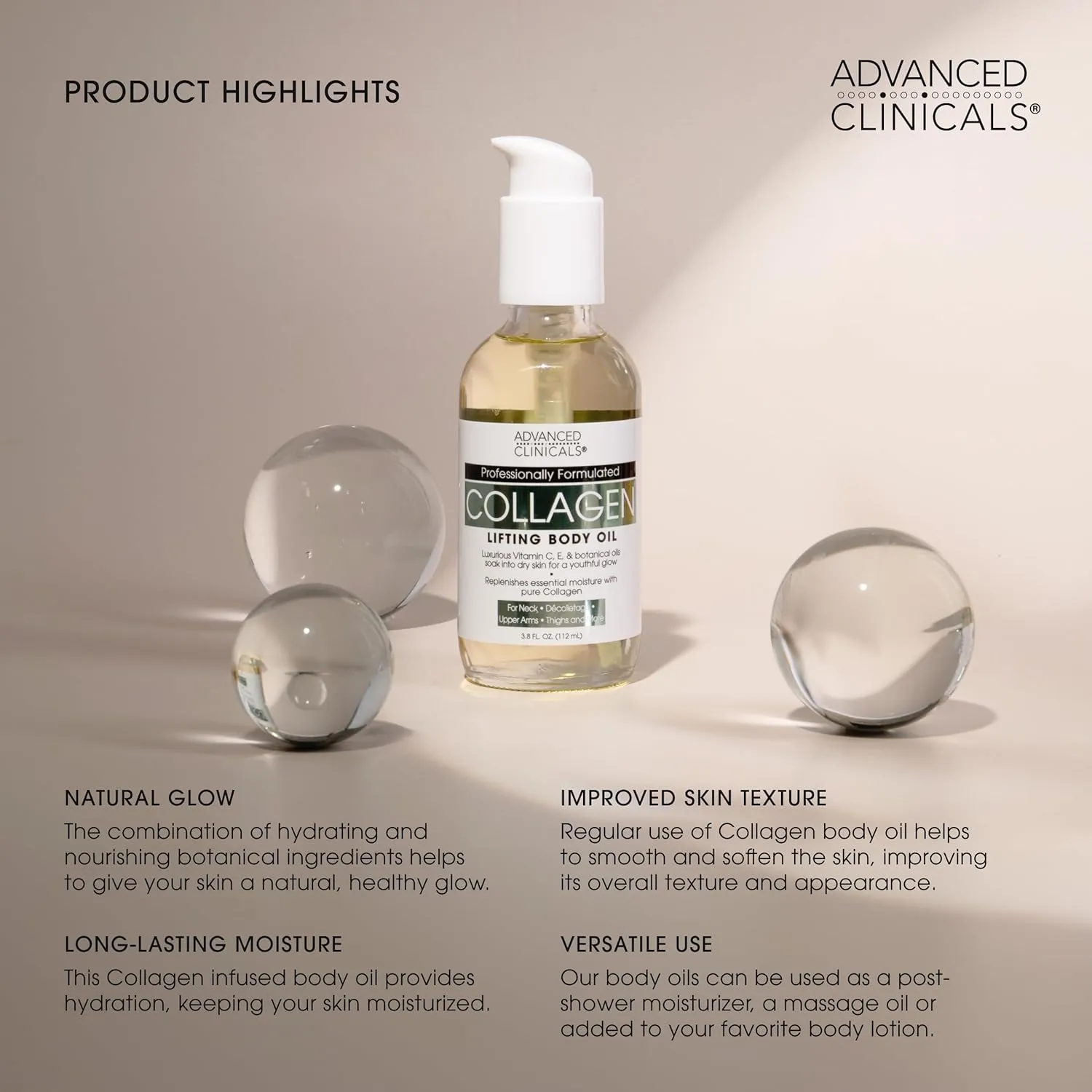 Advanced Clinicals Collagen Peptides Firming Body Lotion Face Cream   Collagen Body Oil Moisturizer 2PC Skin Care Set For Women & Men | Skin Tightening Dry Skin Moisturizing Cream & Massage Oil, 2PC