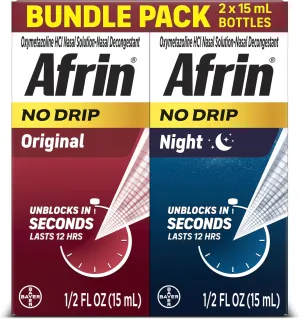 Afrin No Drip Original   Night Nasal Mist Bundle Pack, Non-Drowsy, Fast-Acting Decongestant for Nasal Congestion and Sinus Pressure Relief, Adults and Children 6 and Older, .5 fl oz (Pack of 2)