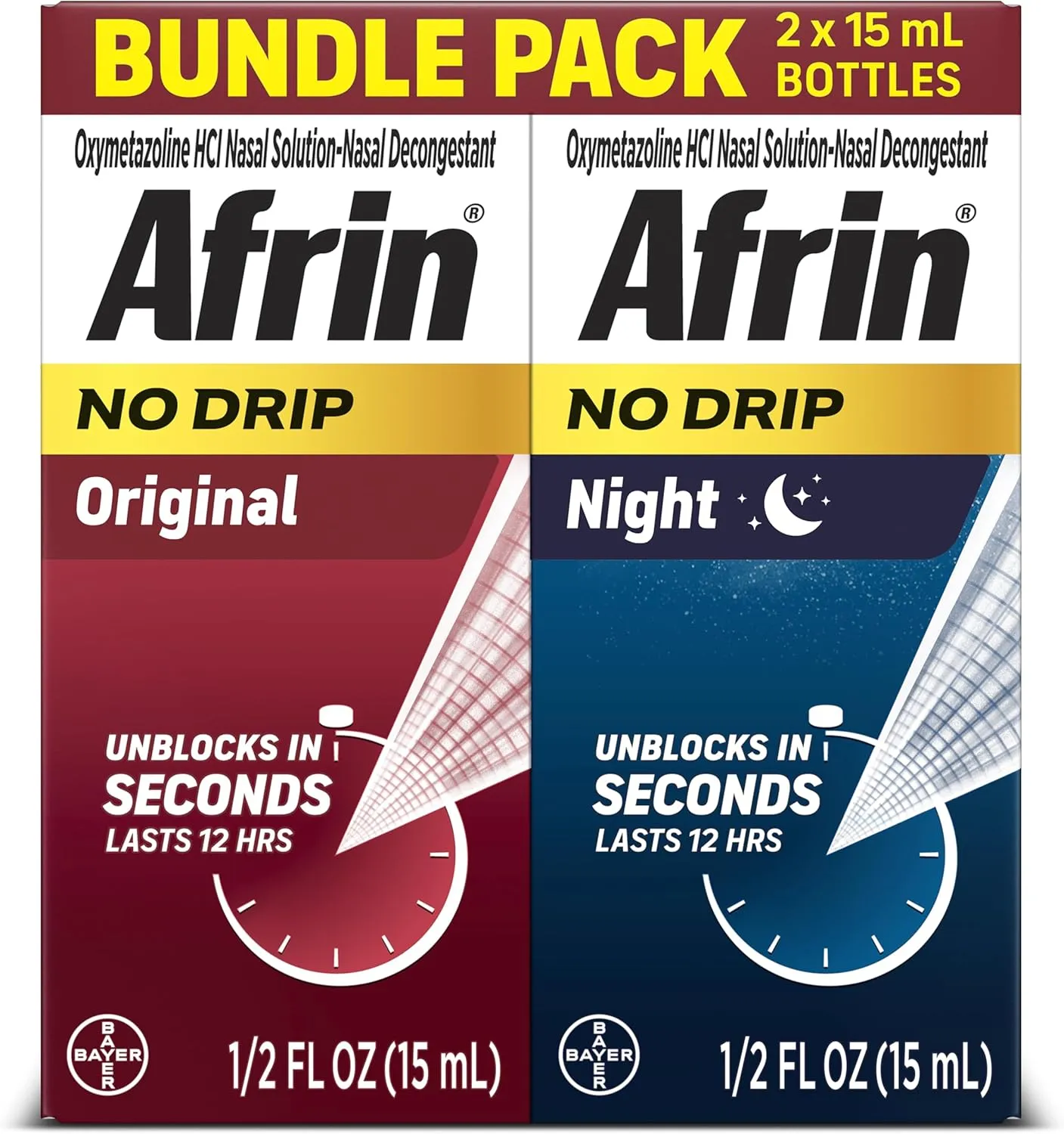 Afrin No Drip Original   Night Nasal Mist Bundle Pack, Non-Drowsy, Fast-Acting Decongestant for Nasal Congestion and Sinus Pressure Relief, Adults and Children 6 and Older, .5 fl oz (Pack of 2)