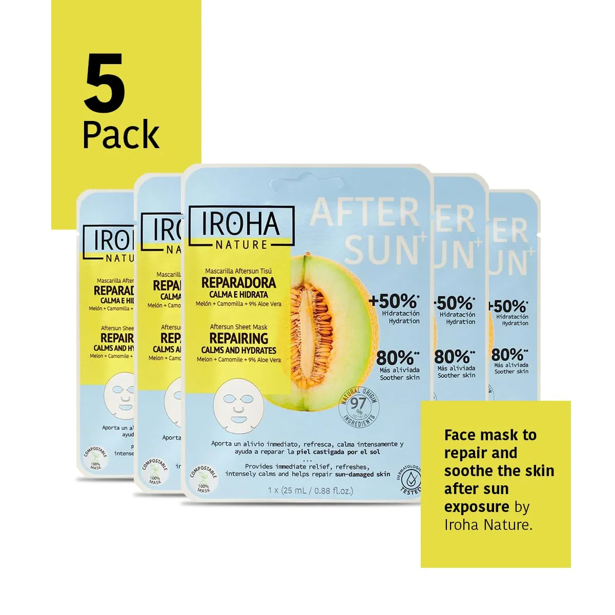 AFTERSUN Face Mask to Repair, Soothe & Hydrate The Skin After Sun Exposure | 5 Pack | With Melon, Chamomile & 9% Aloe Vera | Reduces Redness, Refreshes & Instantly Relieves