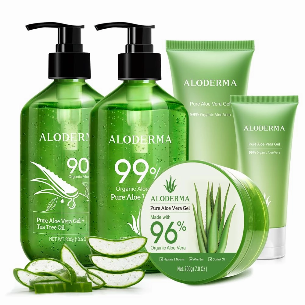 All Purpose Aloe Vera Gels Set - 5 Pieces - 300g Aloe Vera Gel, 300g Aloe Vera Gel   Tea Tree Oil, 200g Aloe Vera Gel, 114g Aloe Vera Gel & 45g Aloe Vera Gel