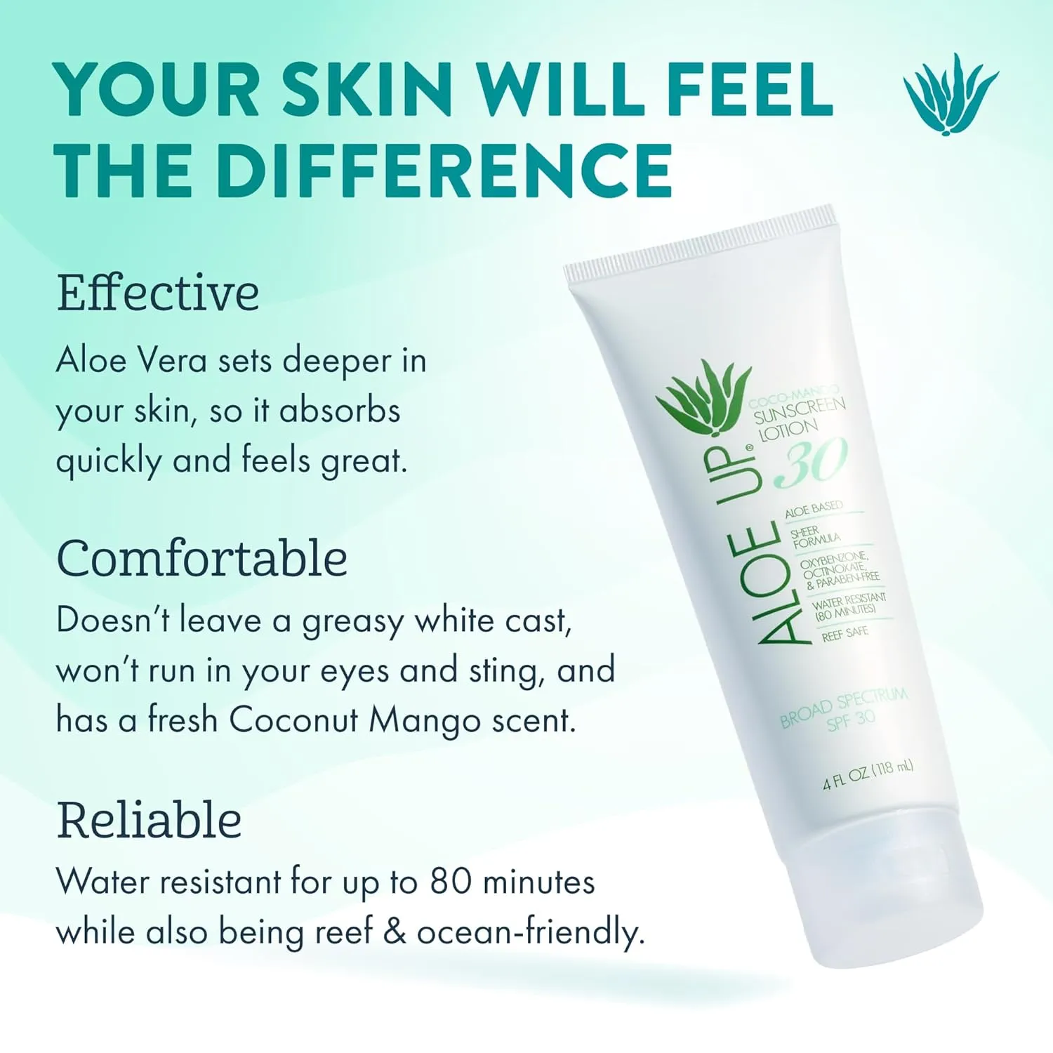 Aloe Up White Collection Sunscreen Lotion SPF 30 - Broad Spectrum UVA/UVB Sunblock for Face and Body - With Aloe Vera Gel - Alcohol-Free - Reef-Friendly - Coco-Mango Fragrance - 4 Oz
